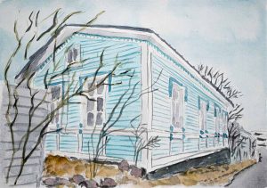 Vanhat puutalot Iisalmessa akvrelli, Haukiniemenkatu