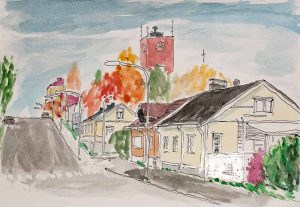 Akvarelli maalaus Iisalmi Haukiniemenkatu syksyllä 2019
